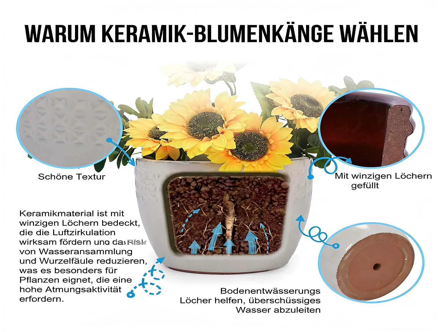 Keramik Pflanzentopf Set 3er weiß Ø 38,1/30,5/22,9 cm, handgemacht, Rautenmuster, innen außen