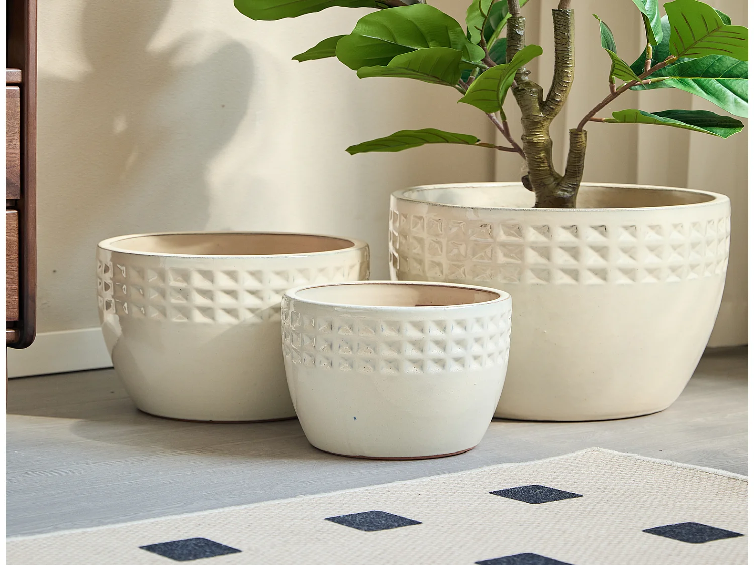 Keramik Pflanzentopf Set 3er weiß Ø 38,1/30,5/22,9 cm, handgemacht, Rautenmuster, innen außen