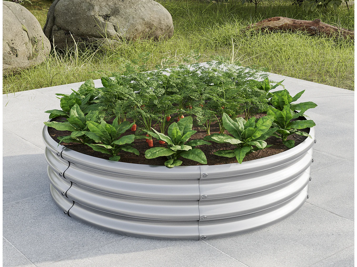 Rundes Hochbeet verzinkt 80 x 30 cm, silbernes Metall-Hochbeet für Gemüse, Früchte und Blumen im Garten