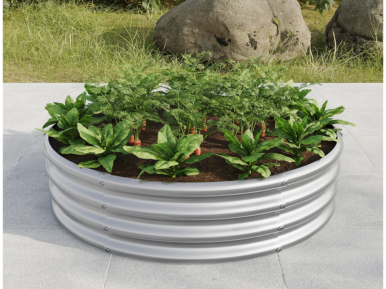 Rundes Hochbeet verzinkt 80 x 30 cm, silbernes Metall-Hochbeet für Gemüse, Früchte und Blumen im Garten