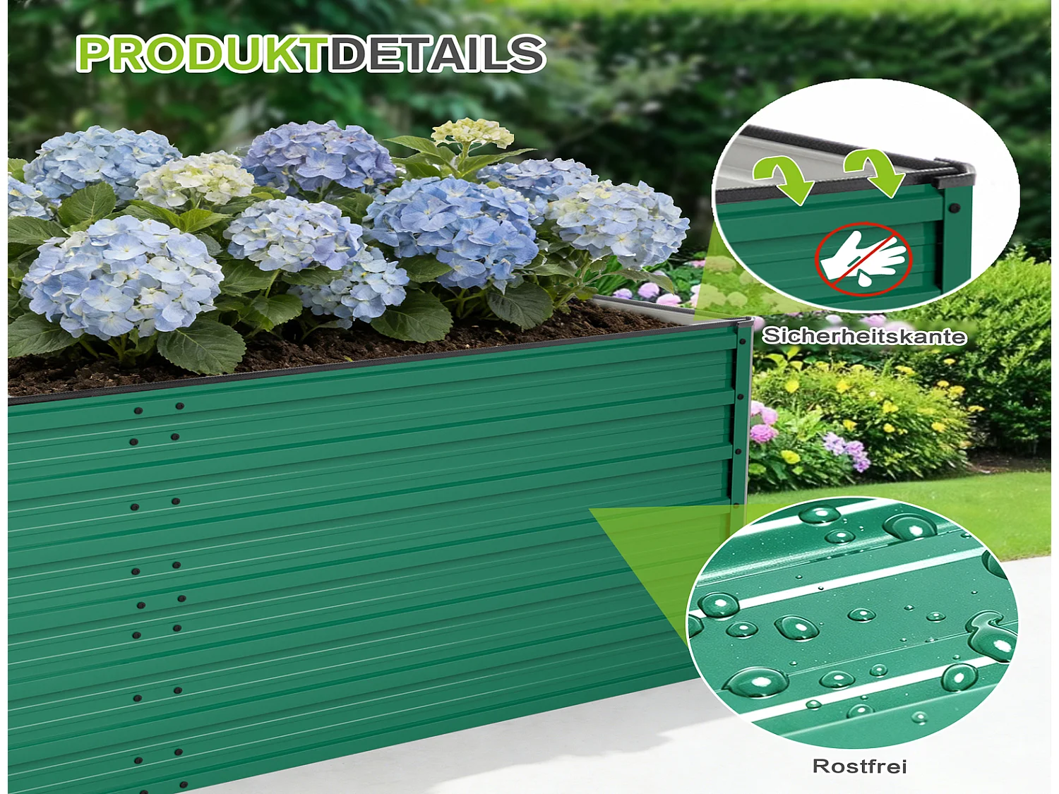 Metall Hochbeet 190x90x64 cm, großes Hochbeet aus Metall mit offenem Boden, rostbeständig, grün
