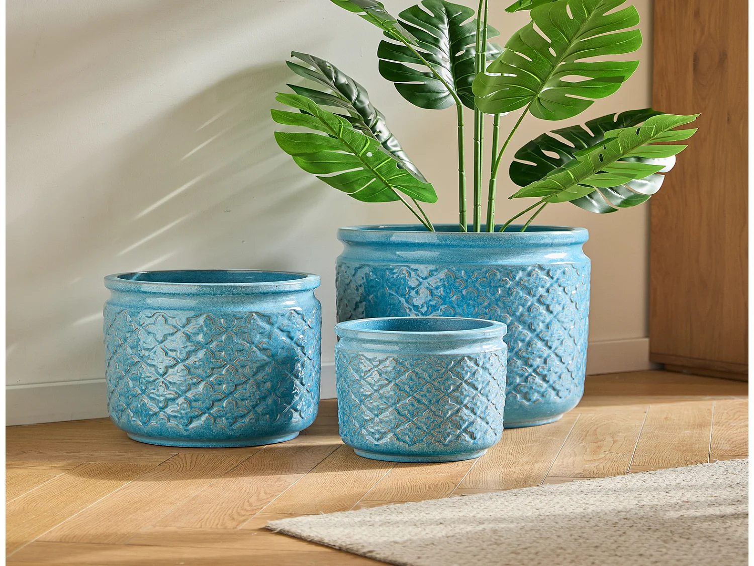 Keramik Pflanzentopf Set 3-teilig blau mit Geometrie-Muster Ø 38,1/30,5/22,9 cm für Orchideen innen außen