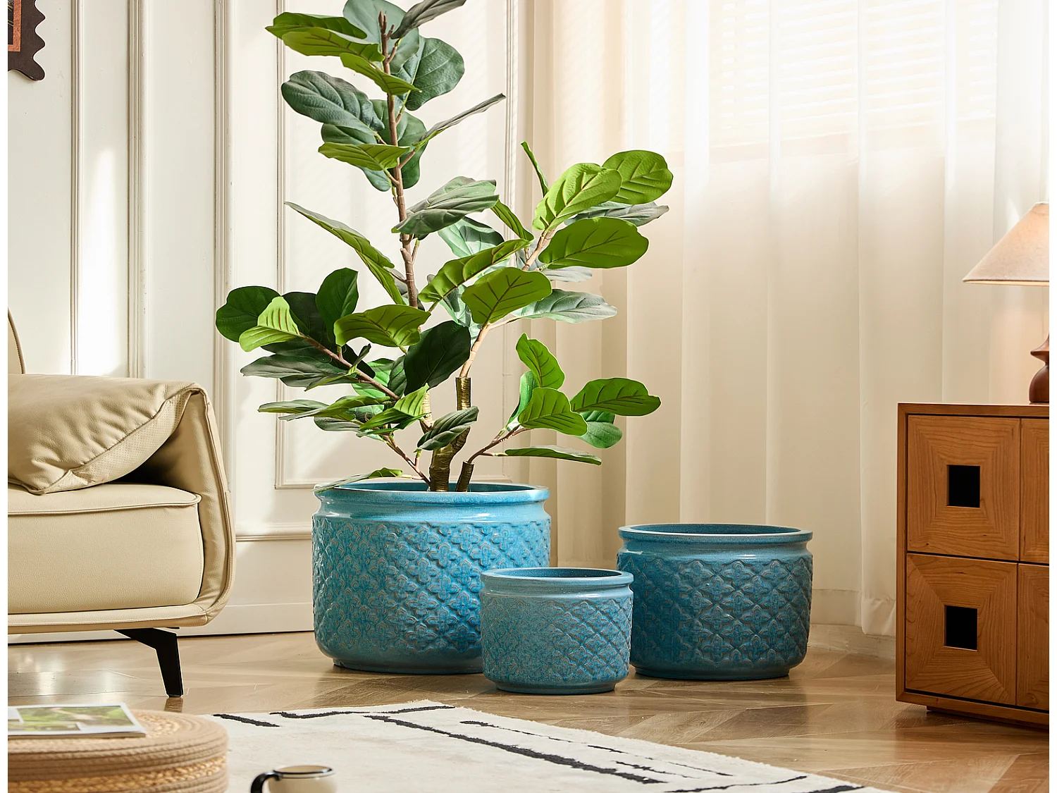 Keramik Pflanzentopf Set 3-teilig blau mit Geometrie-Muster Ø 38,1/30,5/22,9 cm für Orchideen innen außen