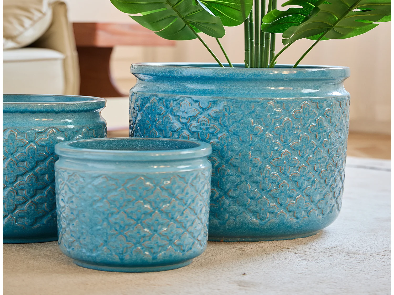 Keramik Pflanzentopf Set 3-teilig blau mit Geometrie-Muster Ø 38,1/30,5/22,9 cm für Orchideen innen außen