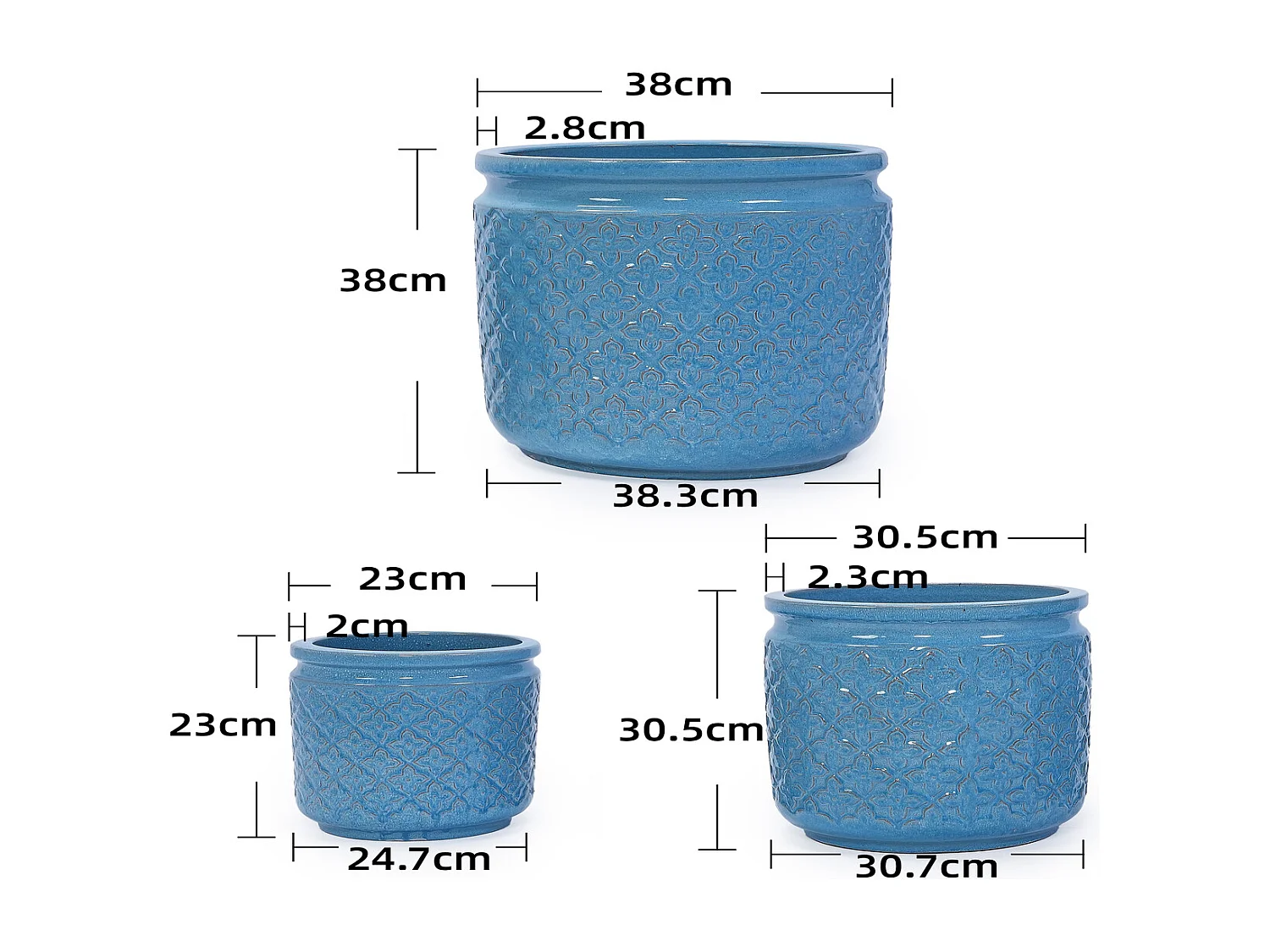 Keramik Pflanzentopf Set 3-teilig blau mit Geometrie-Muster Ø 38,1/30,5/22,9 cm für Orchideen innen außen