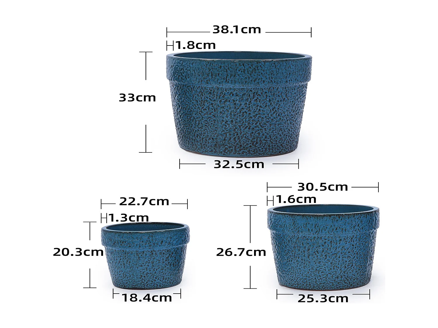 Keramik Pflanztopf Set 3-teilig blau Ø 38,1/30,5/22,9 cm handgemacht, atmungsaktive Tonware für Zimmerpflanzen
