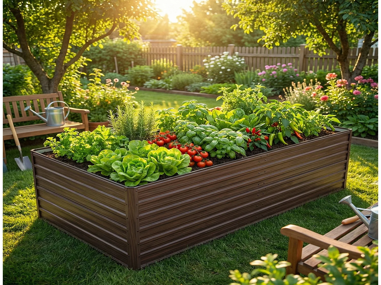Hochbeet Metall 219x112x64 cm in Holzoptik, großes Stahlbeet mit offenem Boden, wetterfest für Garten Terrasse