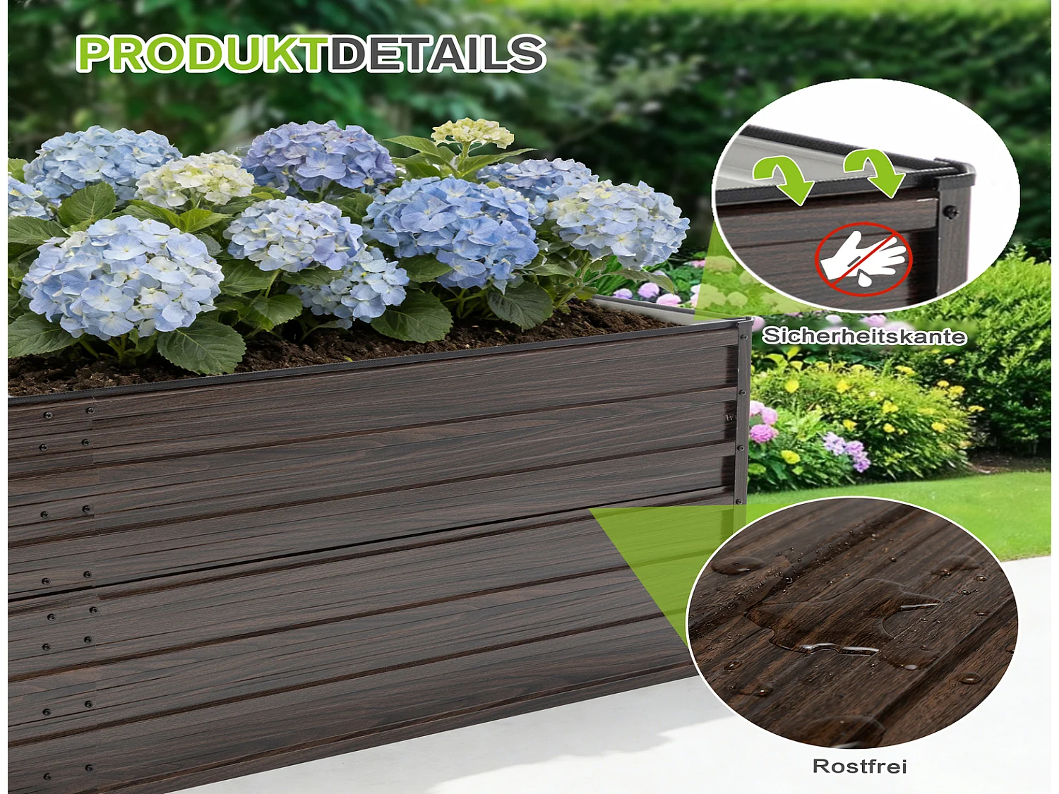 Hochbeet Metall 219x112x64 cm in Holzoptik, großes Stahlbeet mit offenem Boden, wetterfest für Garten Terrasse