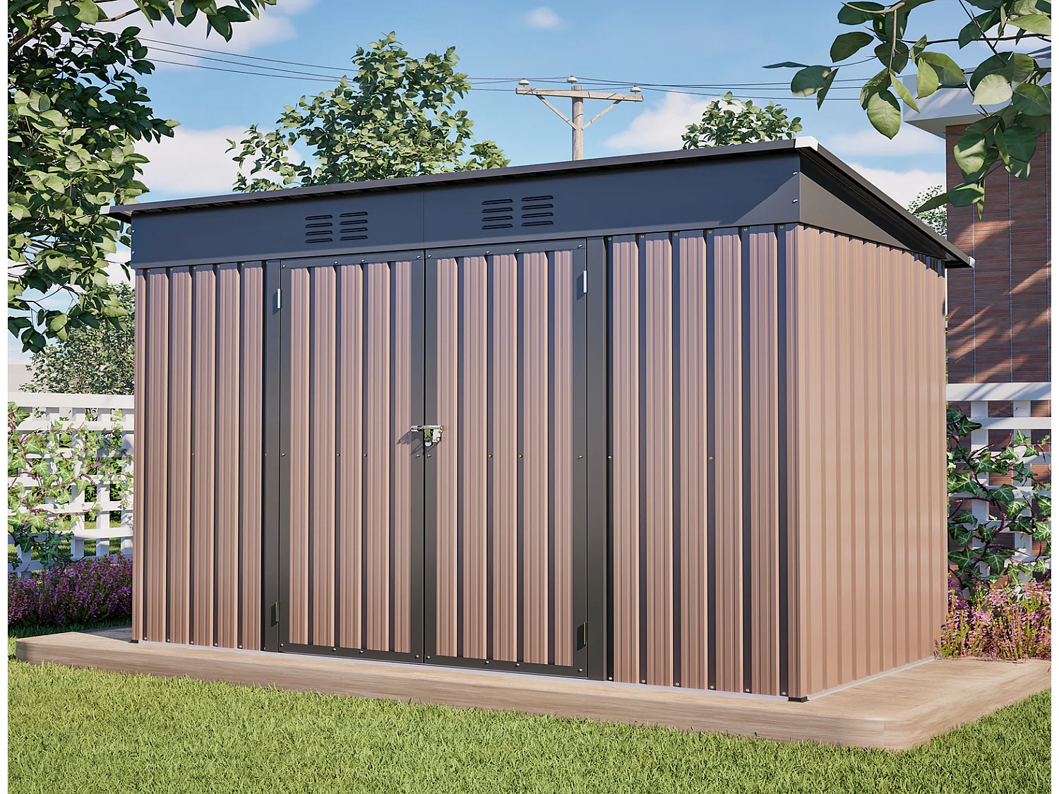 Metall Gerätehaus 8x4 FT mit Fundamentrahmen Braun Wetterfester Gartenschuppen 242x126x182 cm Geräteschuppen Metall