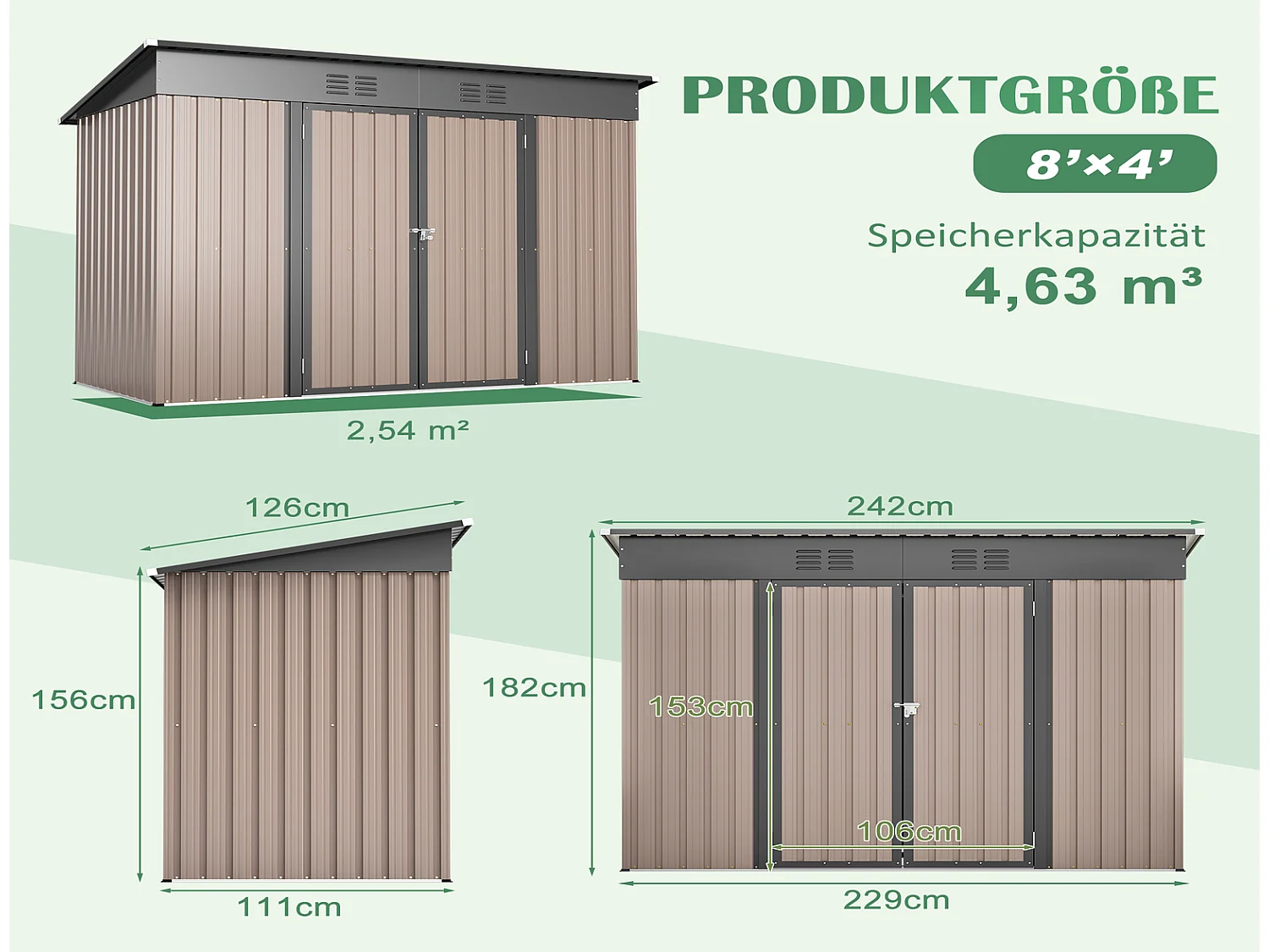 Metall Gerätehaus 8x4 FT mit Fundamentrahmen Braun Wetterfester Gartenschuppen 242x126x182 cm Geräteschuppen Metall