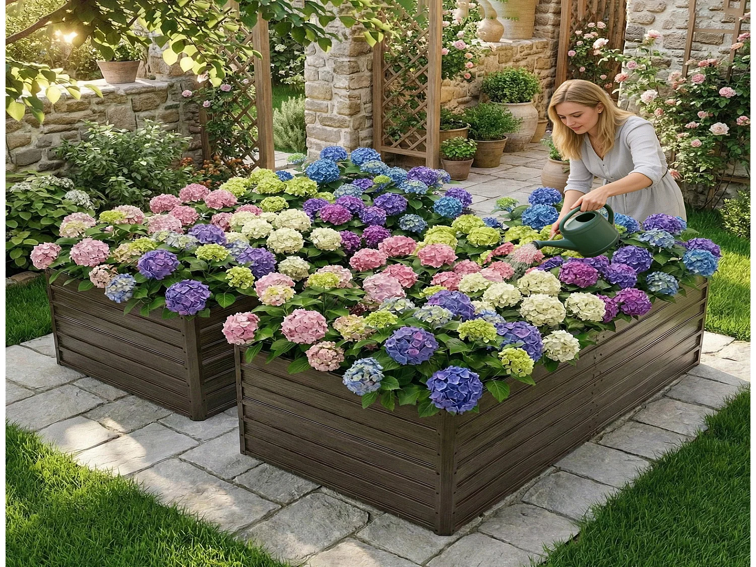 Metall Hochbeet 219x112x64 cm, Schwerlast Hochbeet mit offenem Boden, wetterfest & rostbeständig, Holzoptik