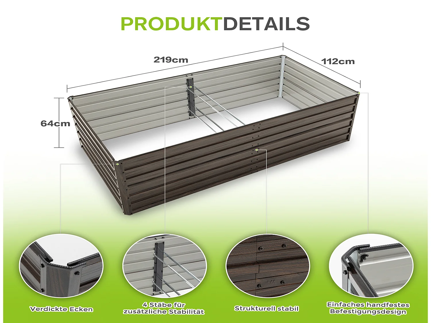Metall Hochbeet 219x112x64 cm, Schwerlast Hochbeet mit offenem Boden, wetterfest & rostbeständig, Holzoptik