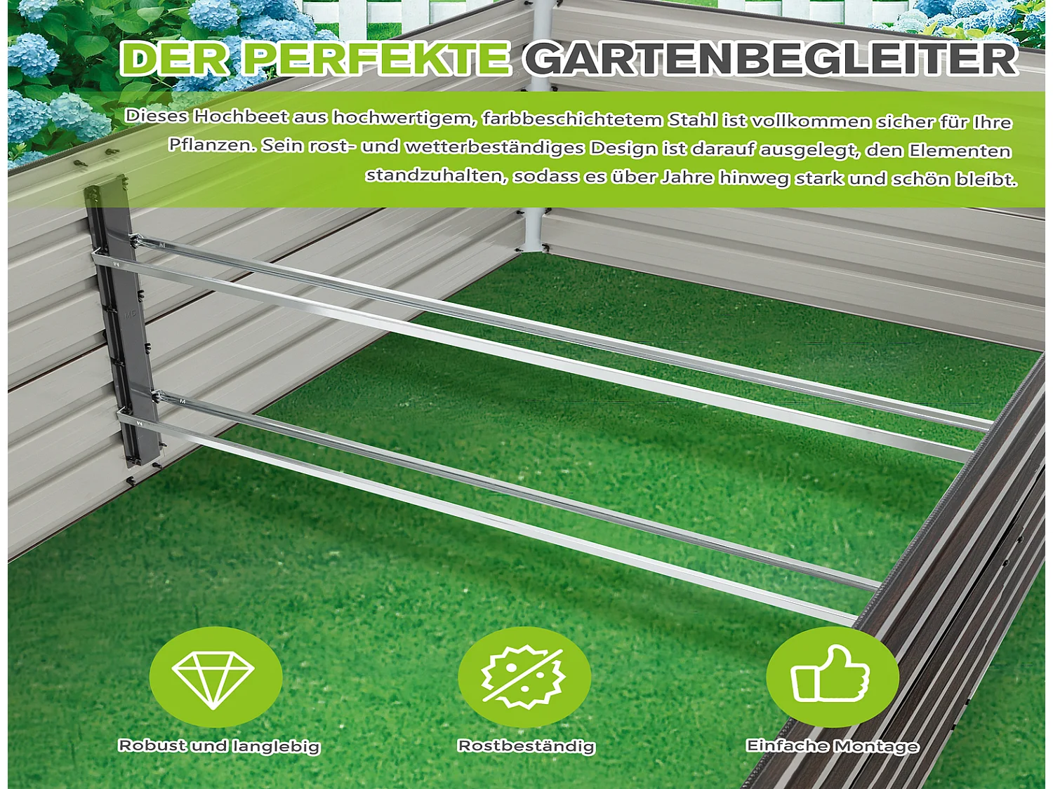 Metall Hochbeet 219x112x64 cm, Schwerlast Hochbeet mit offenem Boden, wetterfest & rostbeständig, Holzoptik