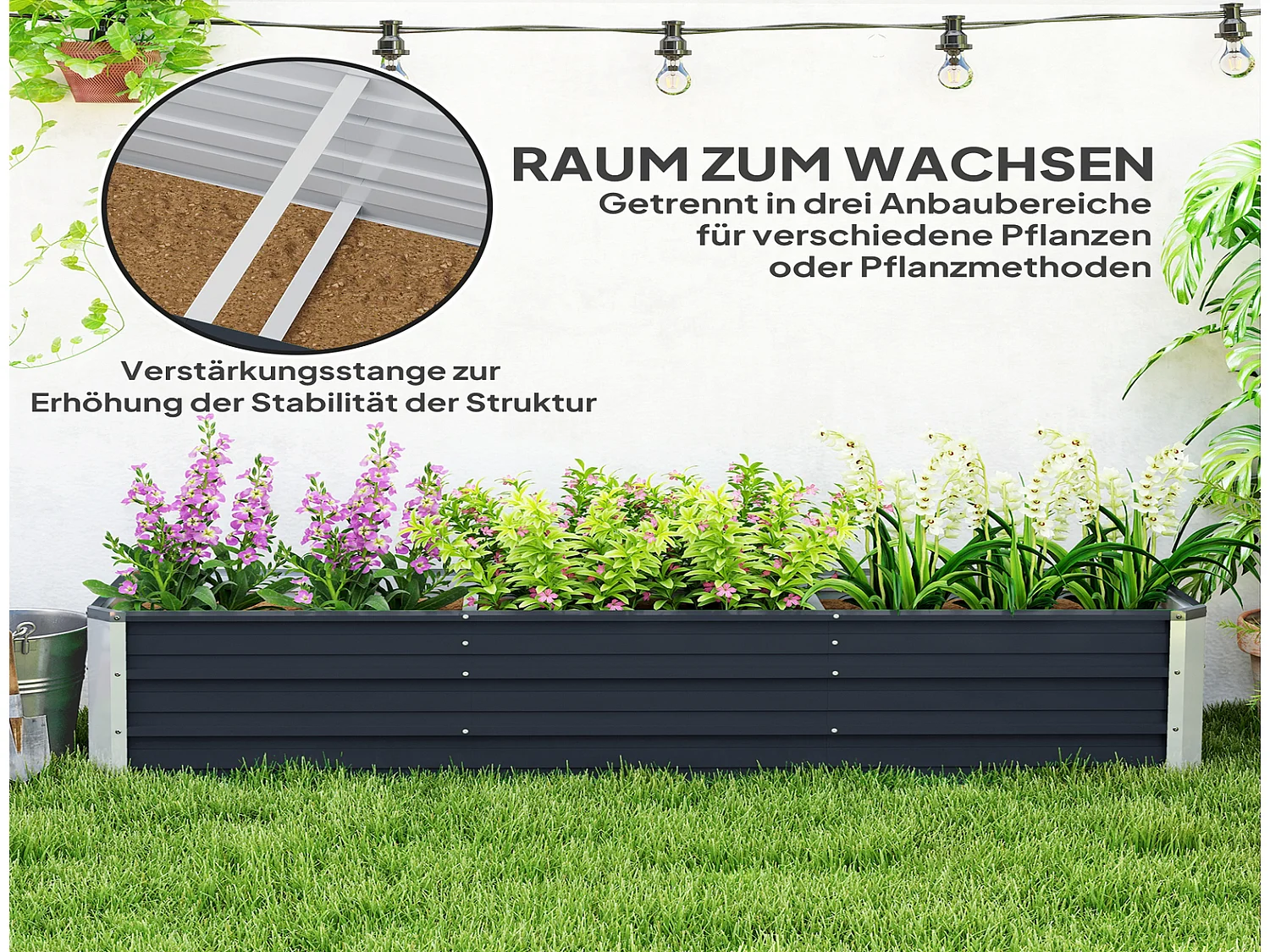 Stahl Hochbeet XXL dunkelgrau 183x47x40 cm, Hochbeet Metall für Gemüse und Blumen, Pflanzkasten mit Handschuhen