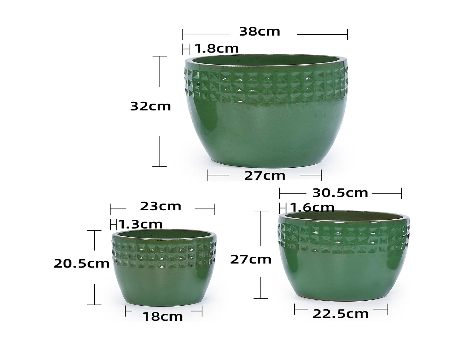 Keramik Pflanzentopf Set 3-teilig grün mit Rautenmuster Ø 38,1/30,5/22,9 cm für Innen und Außen