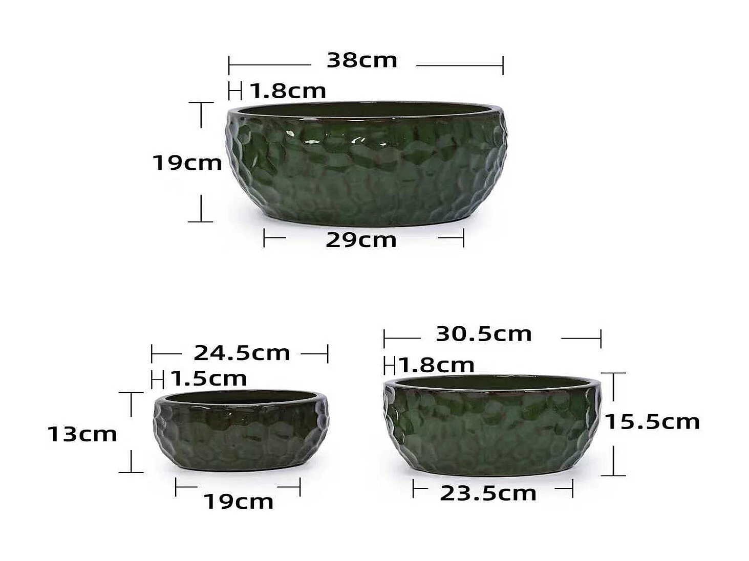 Keramik Pflanztopf Set 3-teilig Ø 38,1/30,5/25,4 cm grün glasiert mit Ablauflöchern für Innen- und Außenbereich