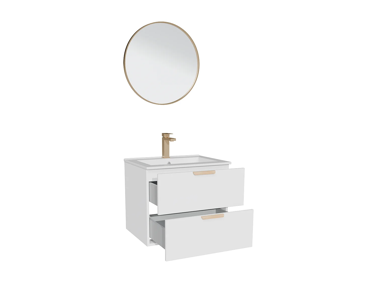 Meuble de salle de bain suspendu avec vasque à encastrer, robinet et miroir – Blanc – L60 cm – AVORELI