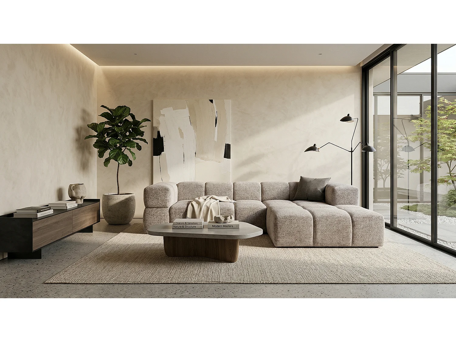 Canapé d’angle droit Valley Bubble avec fonction couchage, design moderne, coloris beige, super confortable