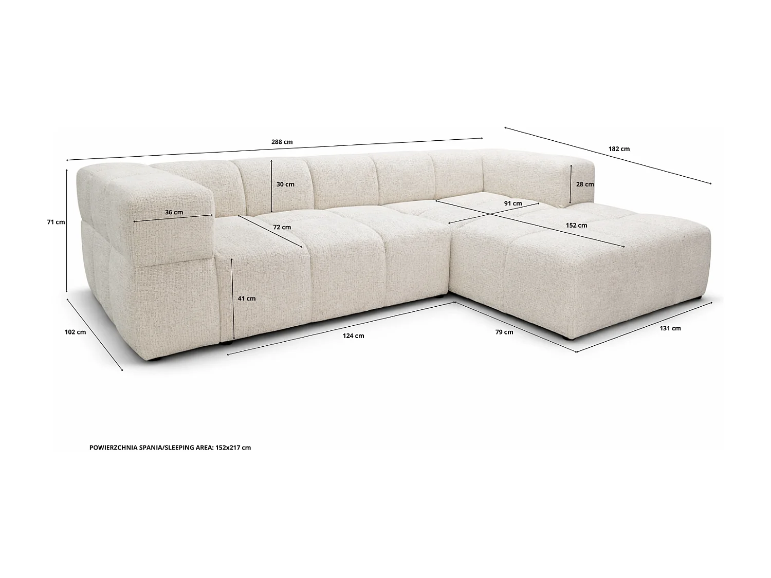 Canapé d’angle droit Valley Bubble avec fonction couchage, design moderne, coloris beige, super confortable