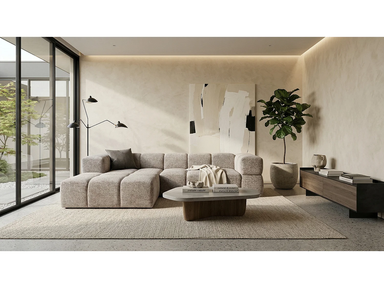 Canapé d’angle gauche Valley Bubble avec fonction couchage, design moderne, coloris beige, super confortable