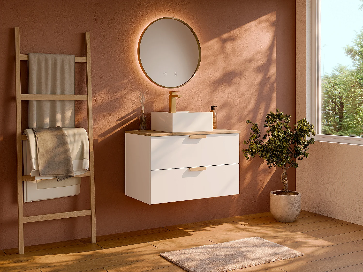 Meuble de salle de bain suspendu avec vasque à poser carrée – Blanc – L80 cm – AVORELI