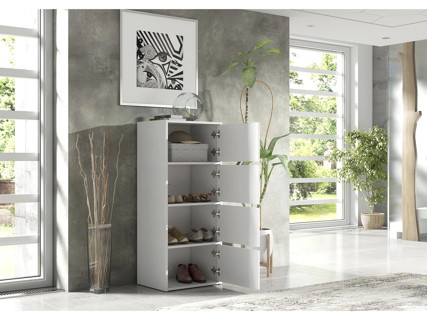 Mobile da ingresso bianco – Scarpiera e mobile contenitore, cassettiera alta con 4 ante, larghezza 50 cm, consolle guardaroba salvaspazio 50x39x120 cm
