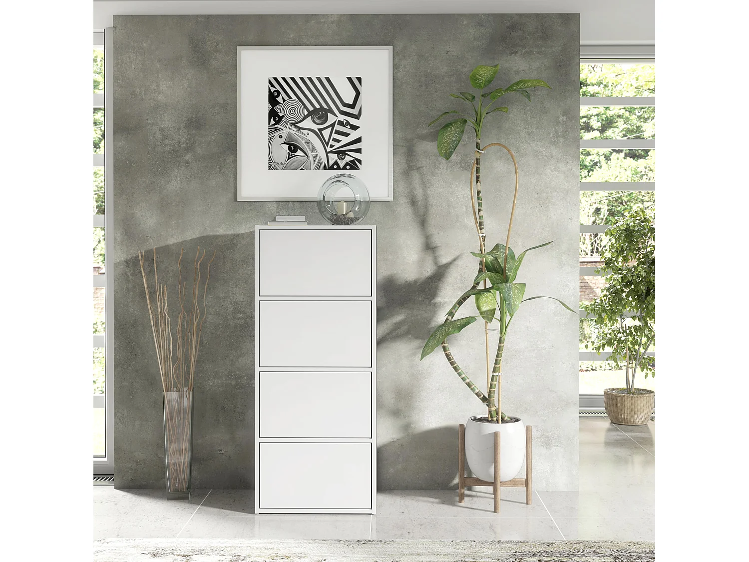 Mobile da ingresso bianco – Scarpiera e mobile contenitore, cassettiera alta con 4 ante, larghezza 50 cm, consolle guardaroba salvaspazio 50x39x120 cm