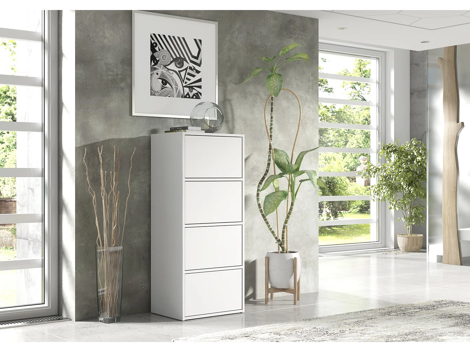 Mobile da ingresso bianco – Scarpiera e mobile contenitore, cassettiera alta con 4 ante, larghezza 50 cm, consolle guardaroba salvaspazio 50x39x120 cm