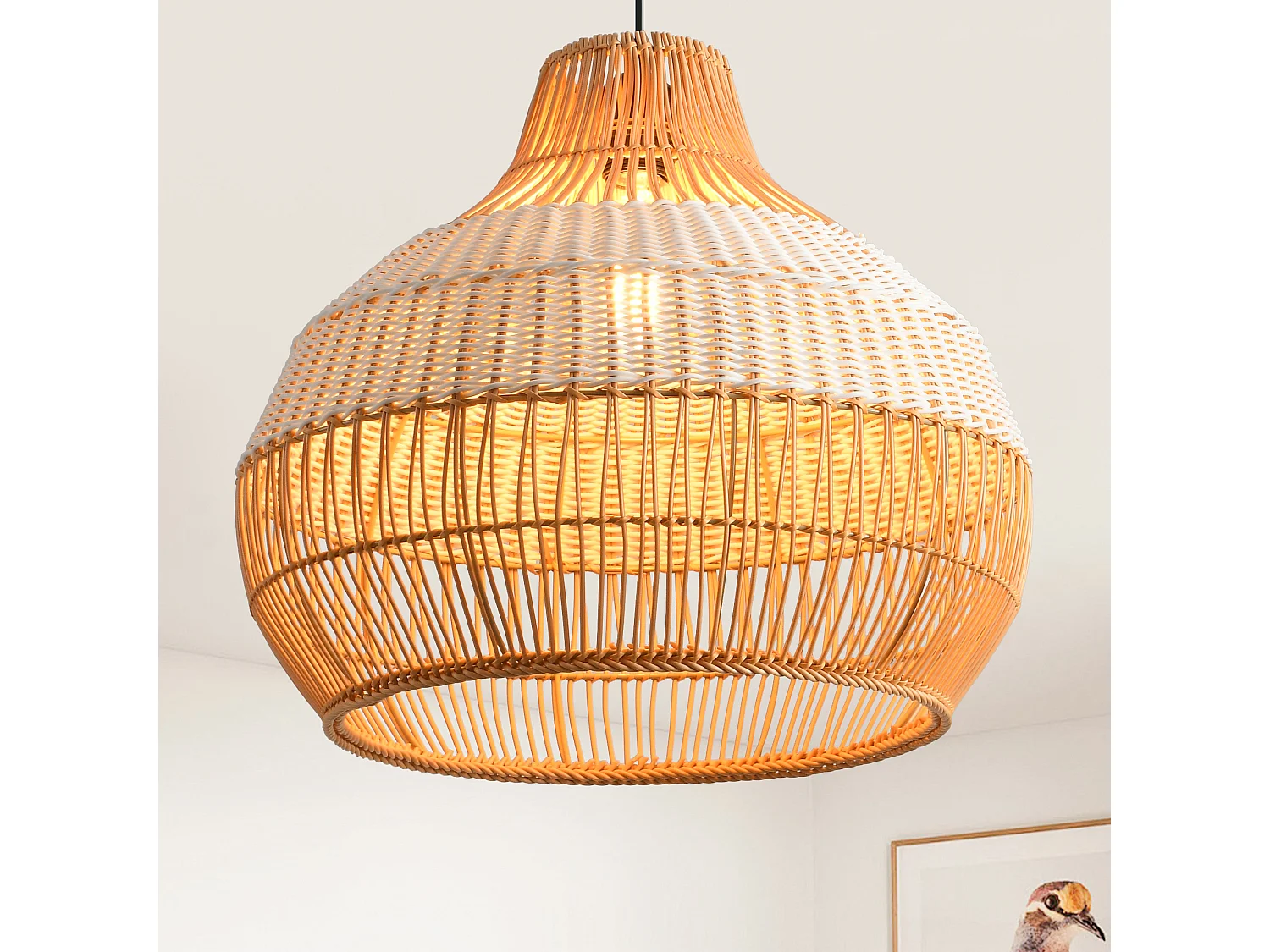 Parrot Uncle Rattan- & Folien-Pendelleuchte, Eisengestell, höhenverstellbar, E27-Fassung, 43 cm Durchmesser, für modern-rustikale Einrichtung (Ohne Leuchtmittel)