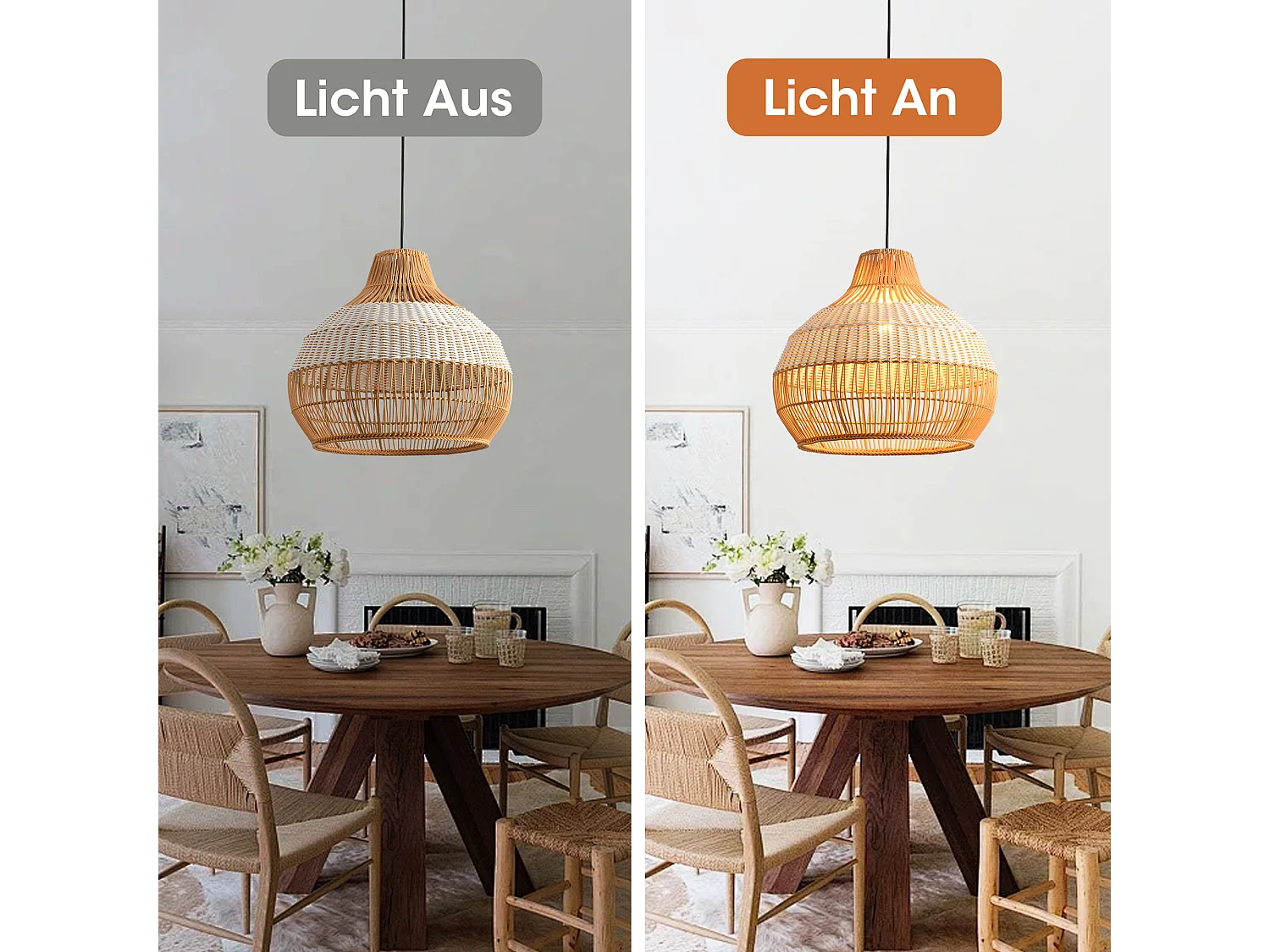 Parrot Uncle Rattan- & Folien-Pendelleuchte, Eisengestell, höhenverstellbar, E27-Fassung, 43 cm Durchmesser, für modern-rustikale Einrichtung (Ohne Leuchtmittel)