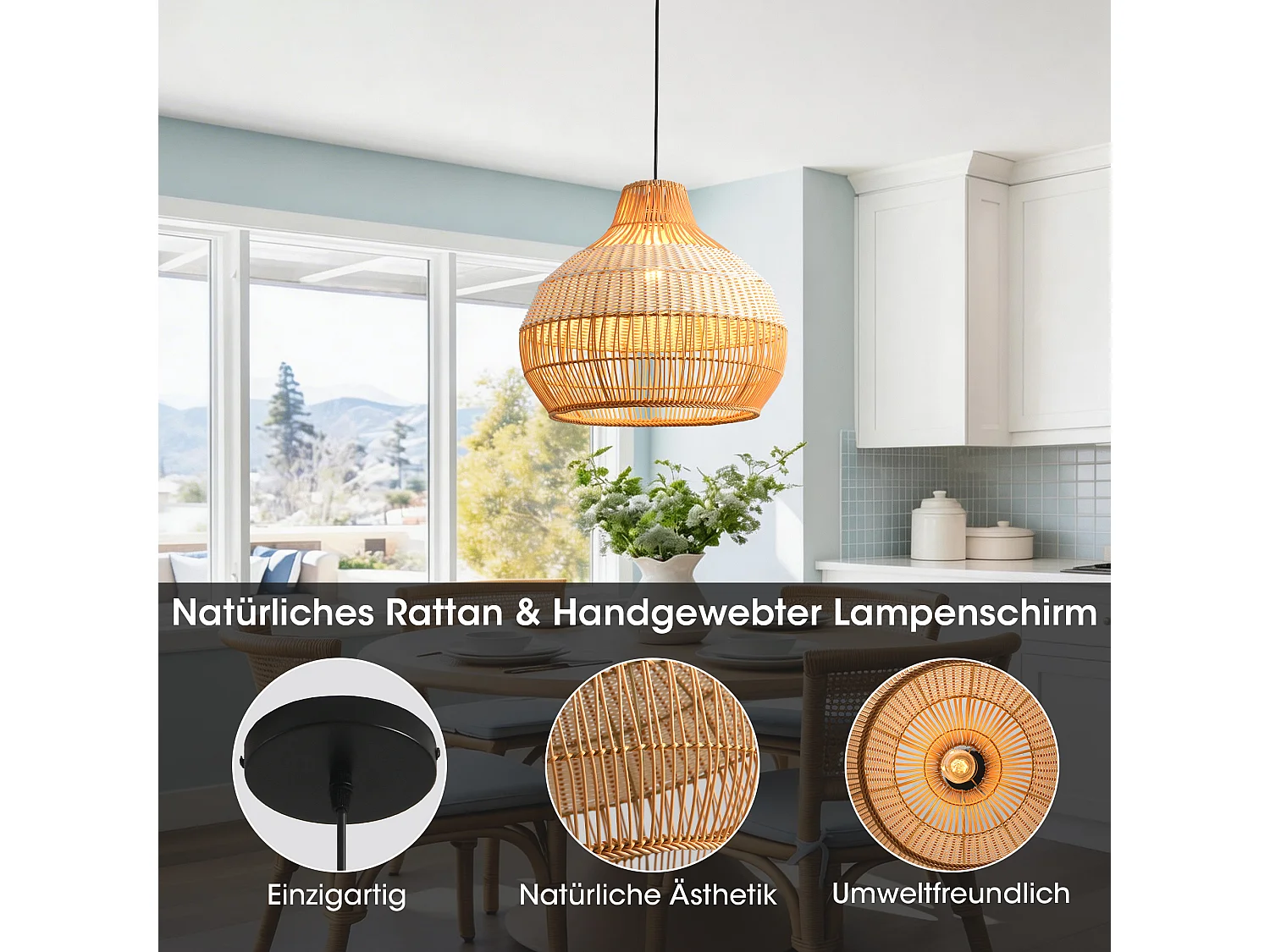 Parrot Uncle Rattan- & Folien-Pendelleuchte, Eisengestell, höhenverstellbar, E27-Fassung, 43 cm Durchmesser, für modern-rustikale Einrichtung (Ohne Leuchtmittel)