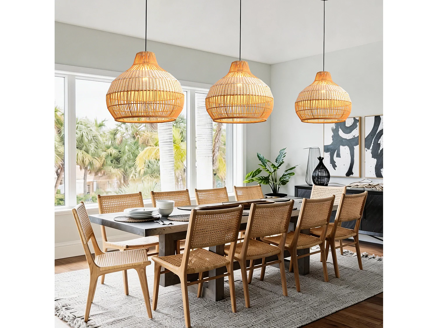 Parrot Uncle Rattan- & Folien-Pendelleuchte, Eisengestell, höhenverstellbar, E27-Fassung, 43 cm Durchmesser, für modern-rustikale Einrichtung (Ohne Leuchtmittel)