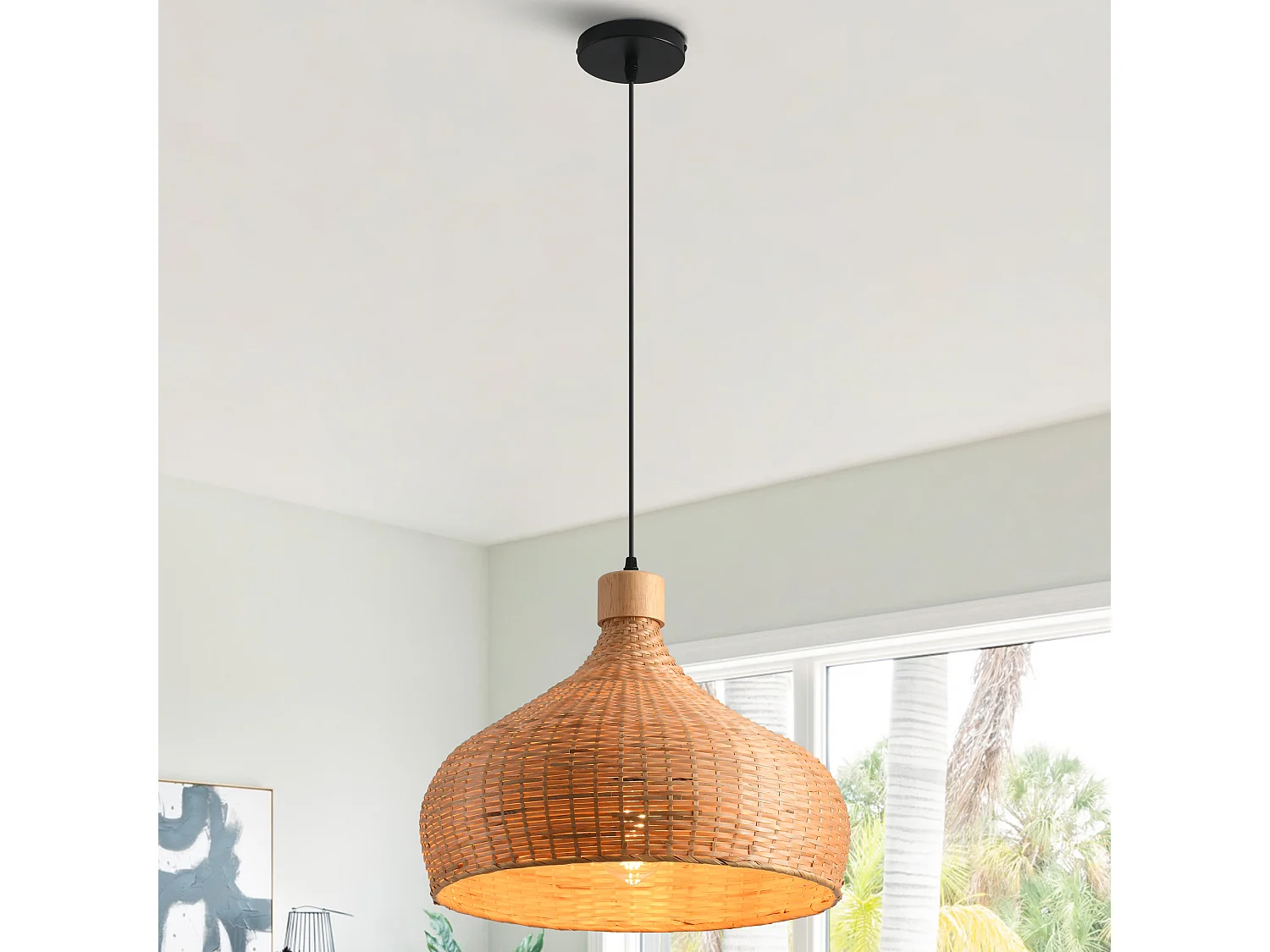 Parrot Uncle Bambusscheiben-Pendelleuchte, Eisengestell, höhenverstellbar, E27, 45 cm Durchmesser, für skandinavische Boho-Einrichtung (Ohne Leuchtmittel)