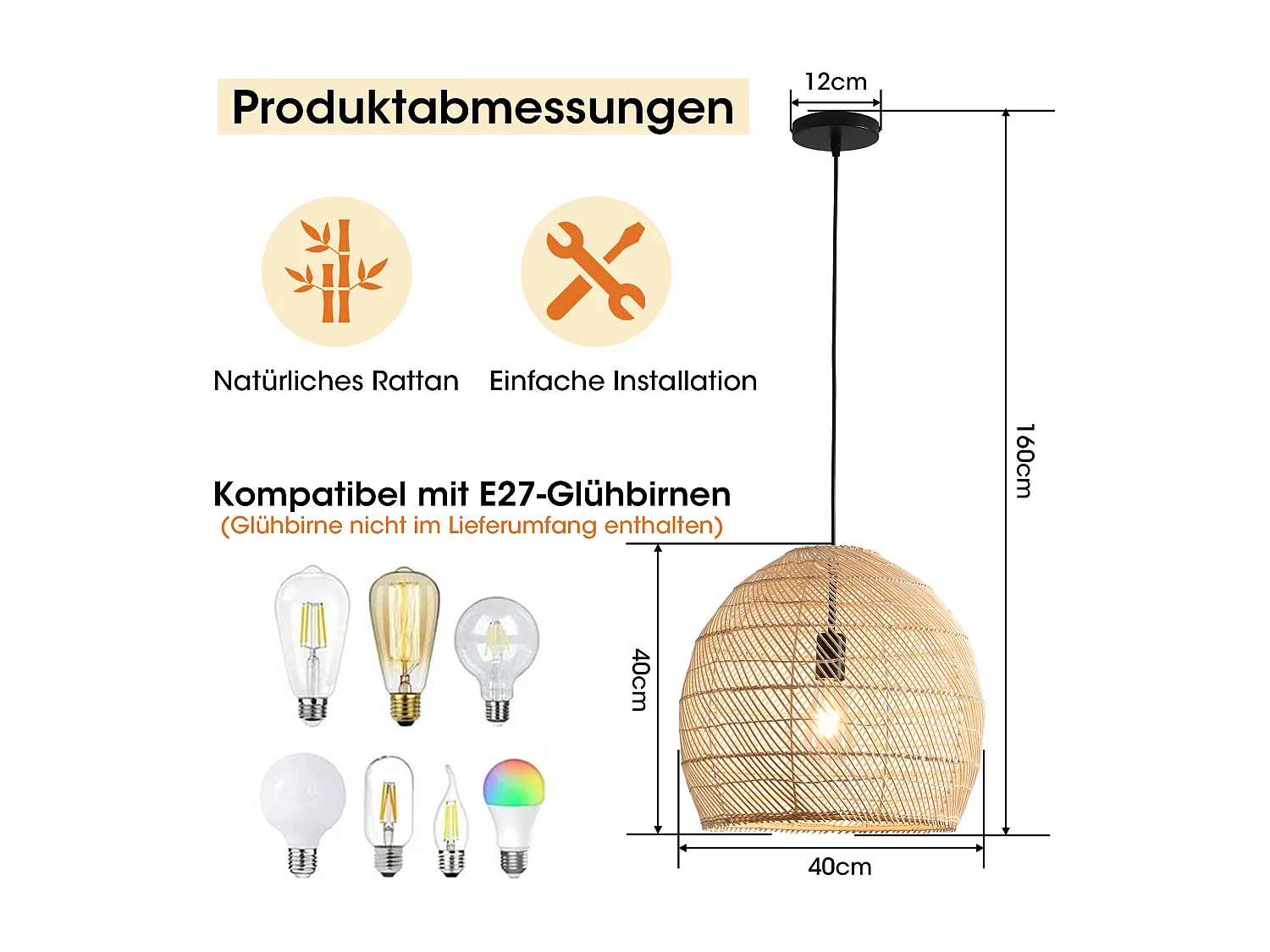 Parrot Uncle Rattan-Pendelleuchte, natürlicher Rattanschirm, Eisengestell, höhenverstellbar, E27-Fassung, 40 cm Durchmesser, für Esszimmer Flur (Ohne Leuchtmittel)