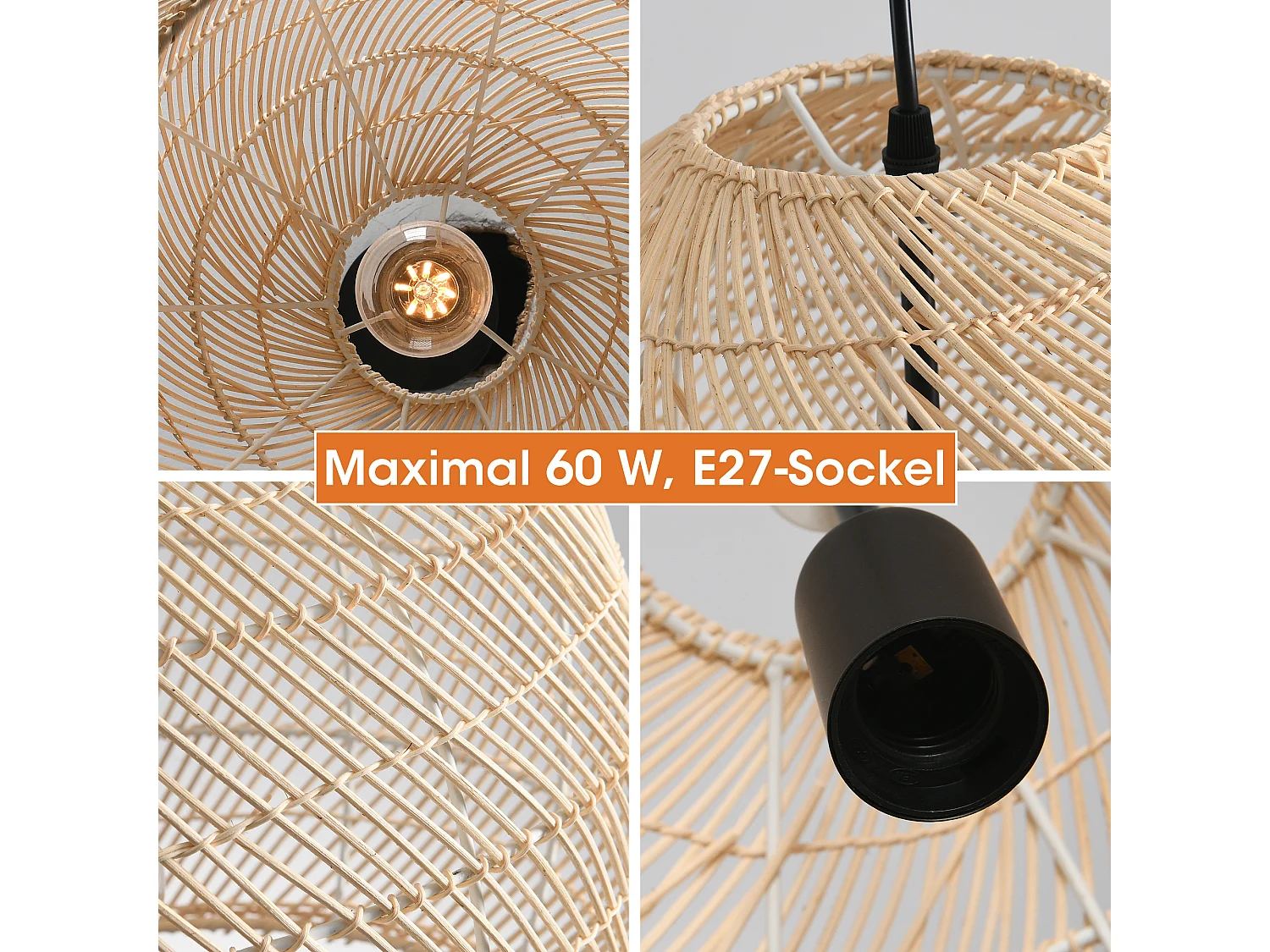 Parrot Uncle Rattan-Pendelleuchte, natürlicher Rattanschirm, Eisengestell, höhenverstellbar, E27-Fassung, 40 cm Durchmesser, für Esszimmer Flur (Ohne Leuchtmittel)