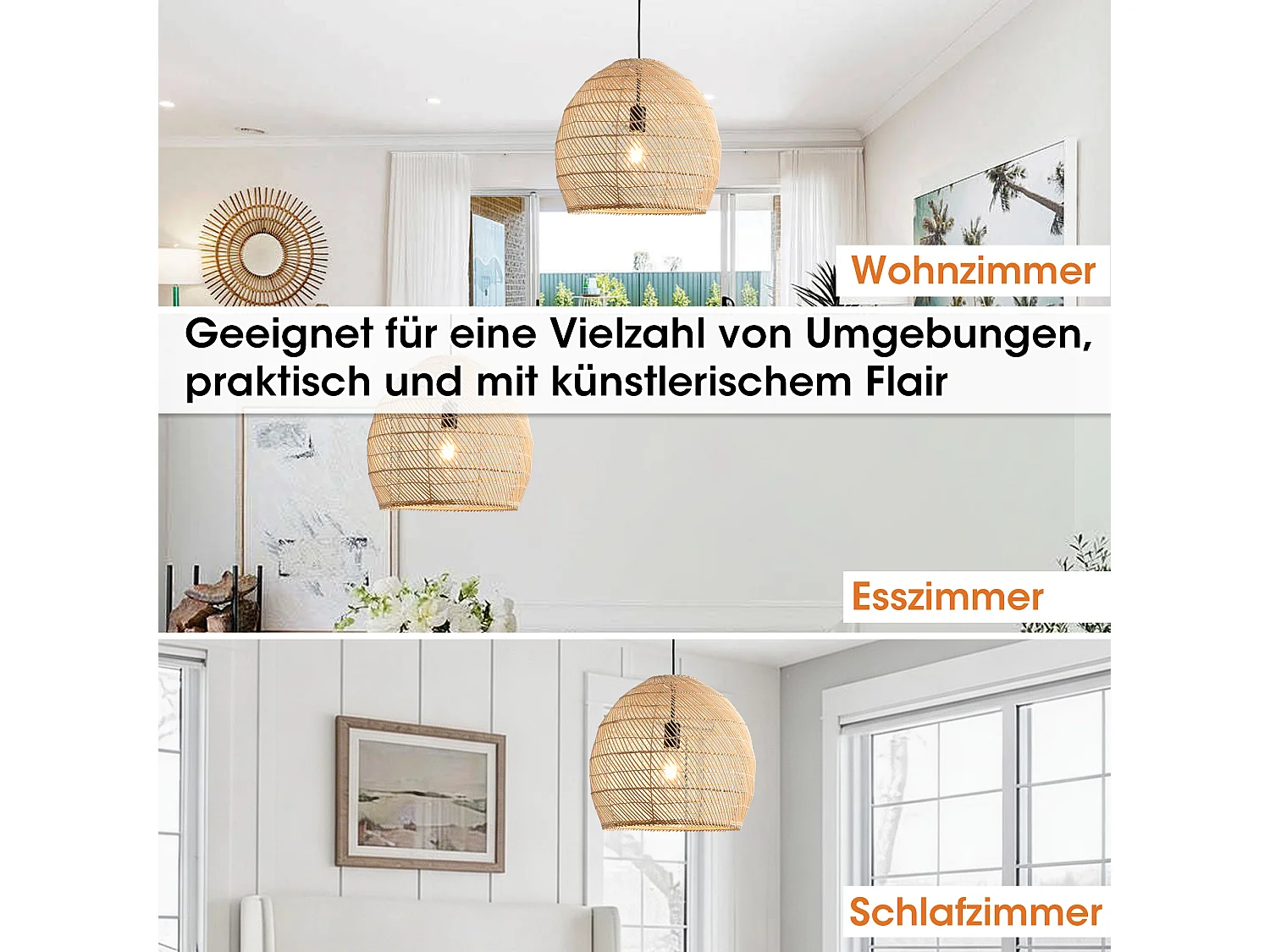 Parrot Uncle Rattan-Pendelleuchte, natürlicher Rattanschirm, Eisengestell, höhenverstellbar, E27-Fassung, 40 cm Durchmesser, für Esszimmer Flur (Ohne Leuchtmittel)