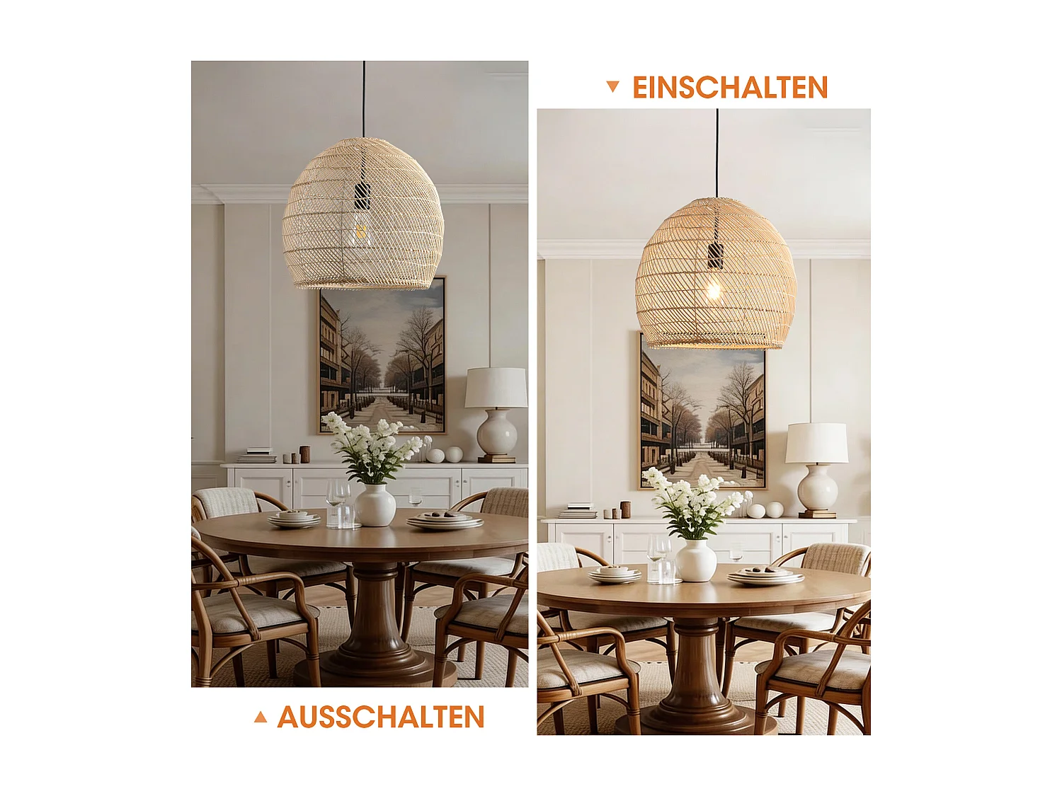Parrot Uncle Rattan-Pendelleuchte, natürlicher Rattanschirm, Eisengestell, höhenverstellbar, E27-Fassung, 40 cm Durchmesser, für Esszimmer Flur (Ohne Leuchtmittel)