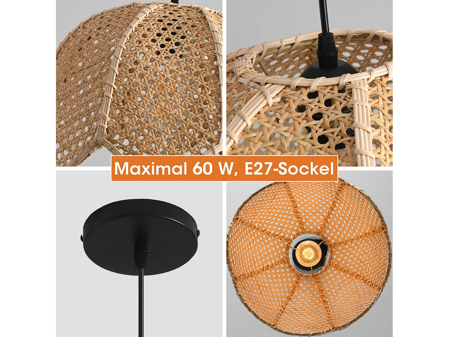 Parrot Uncle Rattanschalen- & Rattan-Pendelleuchte, natürliche Mischmaterialien, höhenverstellbar, E27, 40 cm Durchmesser,  (Ohne Leuchtmittel)