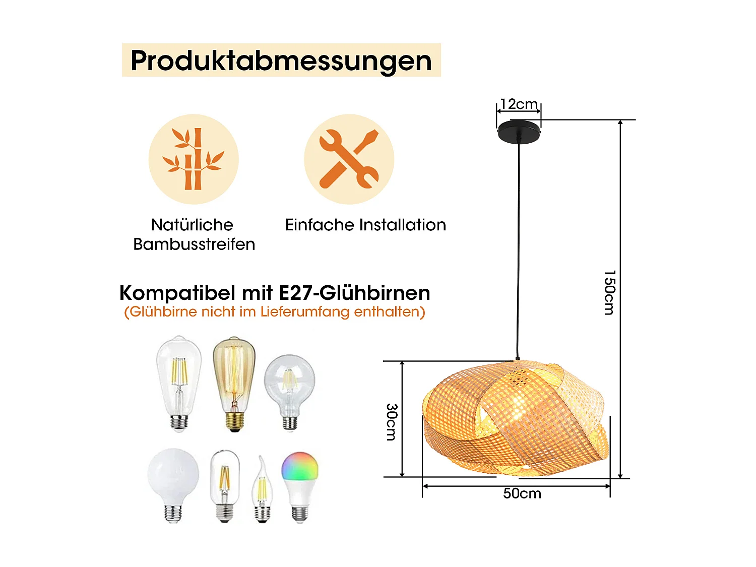 Parrot Uncle Bambus-Pendelleuchte, natürlicher Bambusschirm, Eisengestell, höhenverstellbar, E27, 50 cm Durchmesser, für Esszimmer Kücheninsel (Ohne Leuchtmittel)