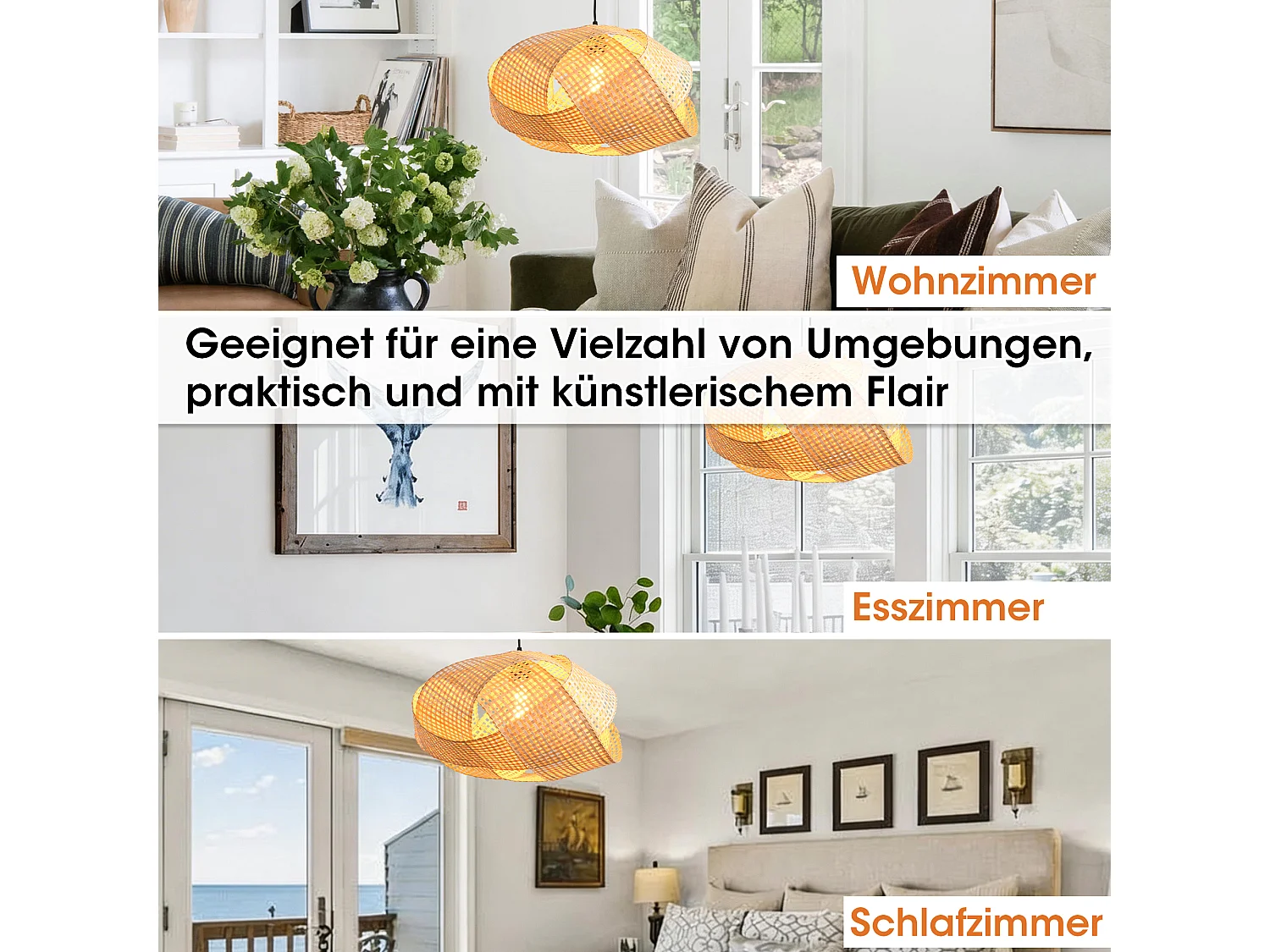 Parrot Uncle Bambus-Pendelleuchte, natürlicher Bambusschirm, Eisengestell, höhenverstellbar, E27, 50 cm Durchmesser, für Esszimmer Kücheninsel (Ohne Leuchtmittel)