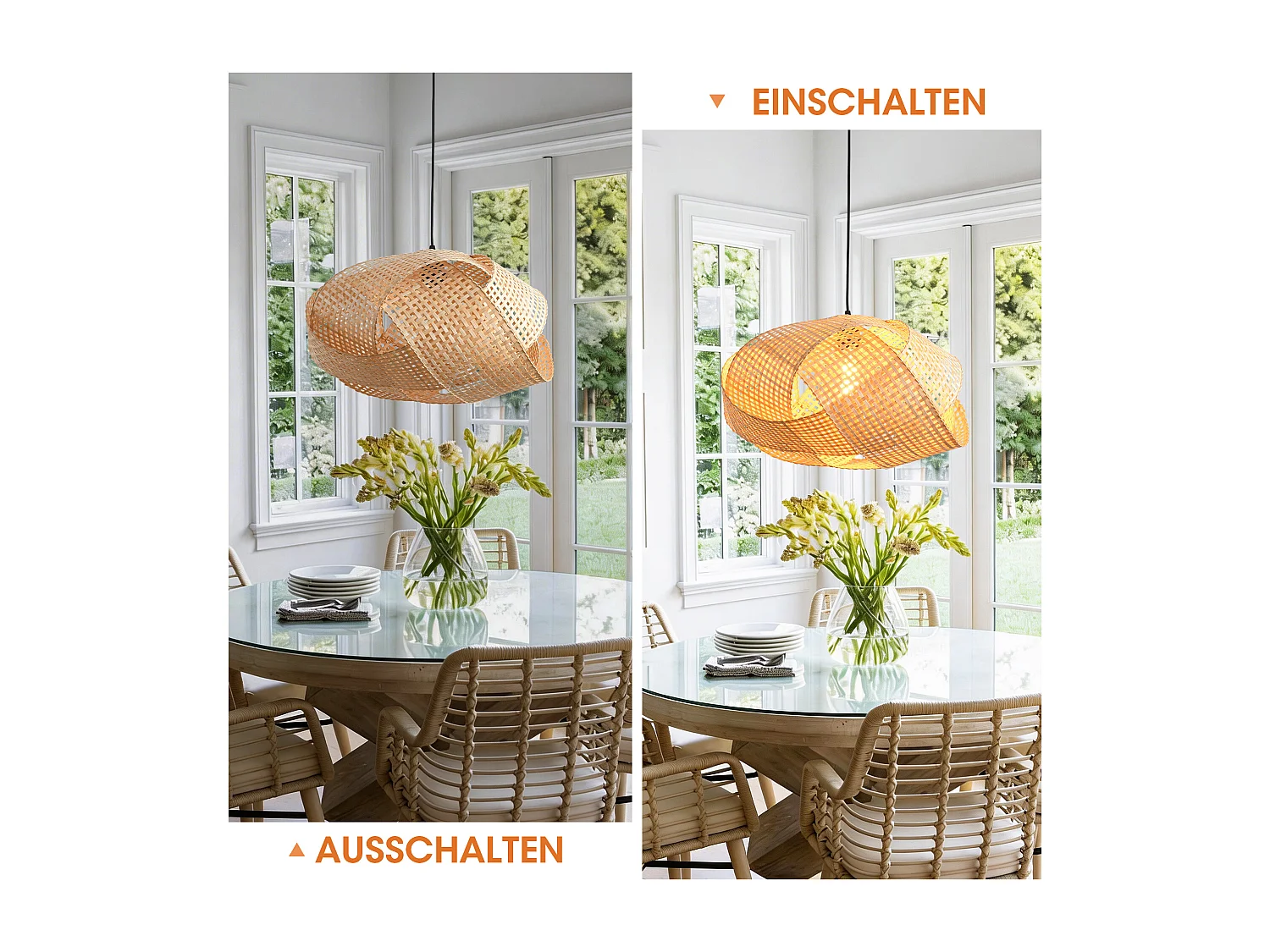Parrot Uncle Bambus-Pendelleuchte, natürlicher Bambusschirm, Eisengestell, höhenverstellbar, E27, 50 cm Durchmesser, für Esszimmer Kücheninsel (Ohne Leuchtmittel)