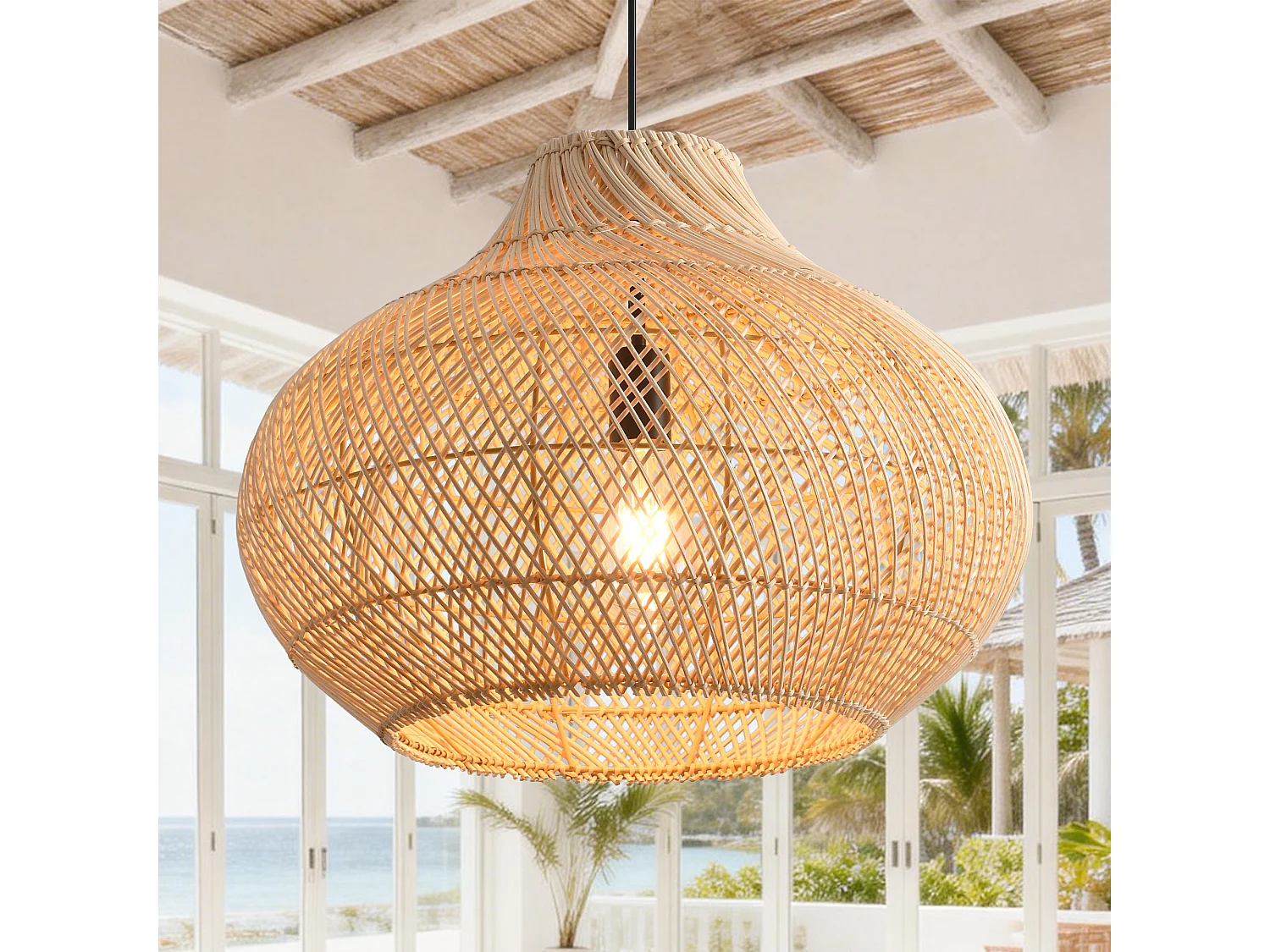 Parrot Uncle Kleine Rattan-Pendelleuchte, natürlicher Rattanschirm, Eisengestell, höhenverstellbar, E27-Fassung, 35 cm Durchmesser(Ohne Leuchtmittel)