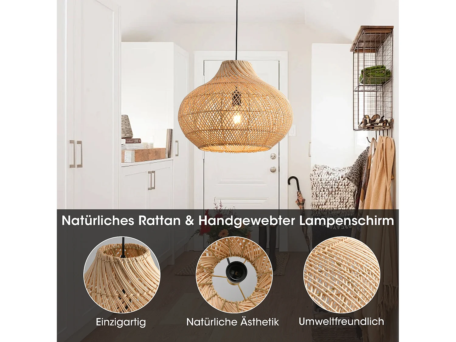 Parrot Uncle Kleine Rattan-Pendelleuchte, natürlicher Rattanschirm, Eisengestell, höhenverstellbar, E27-Fassung, 35 cm Durchmesser(Ohne Leuchtmittel)