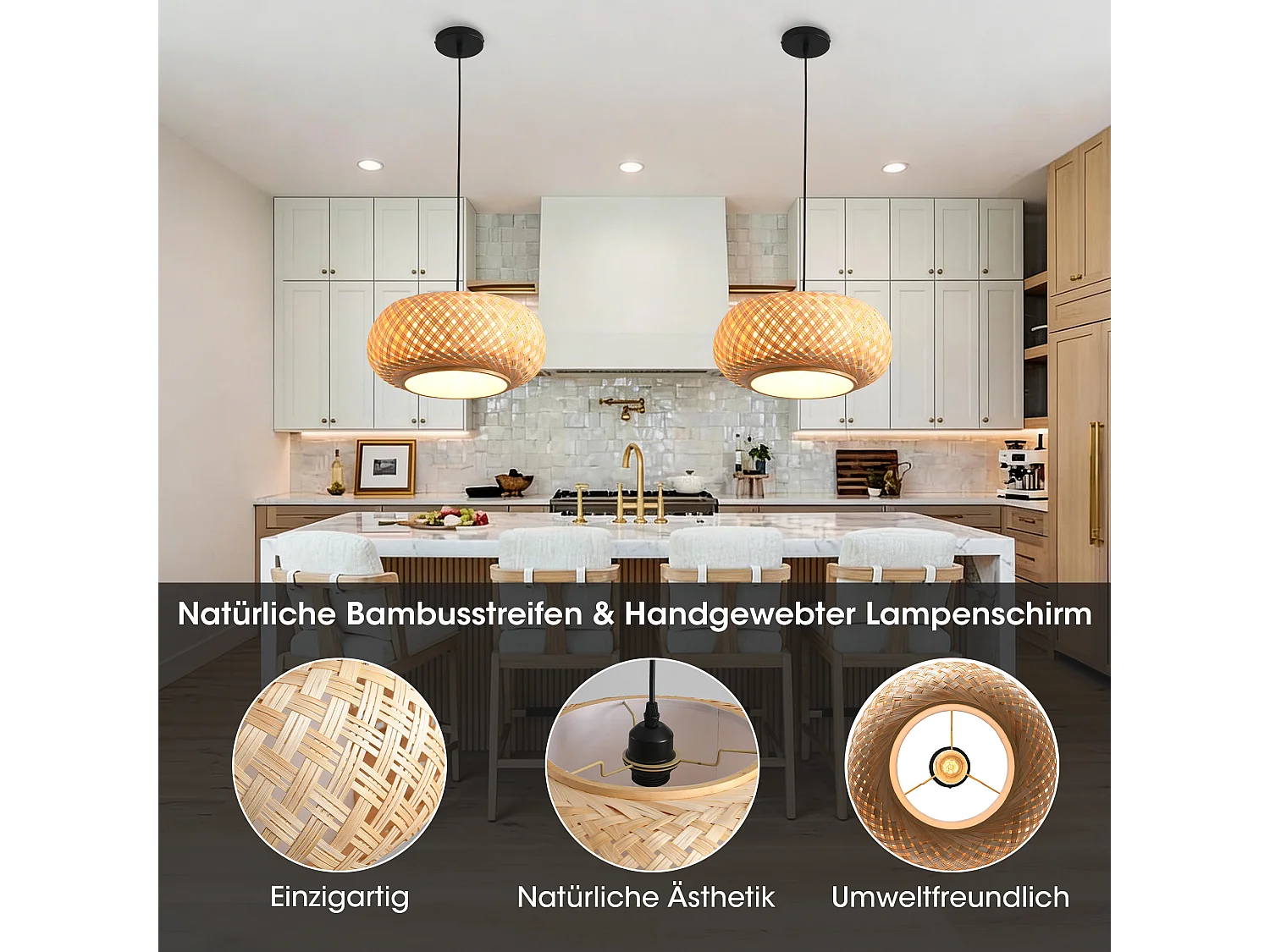 Parrot Uncle Bambus-Pendelleuchte mit Eisengestell, höhenverstellbar, E27-Fassung, 40 cm Durchmesser, Naturfinish, für Esszimmer Wohnzimmer Flur (Ohne Leuchtmittel)