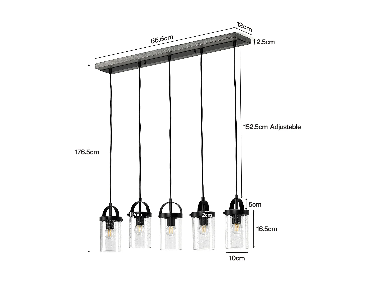 5-lichts zwarte lineaire kroonluchter, landelijke, in hoogte verstelbaar (E27 fitting, geen lampen)