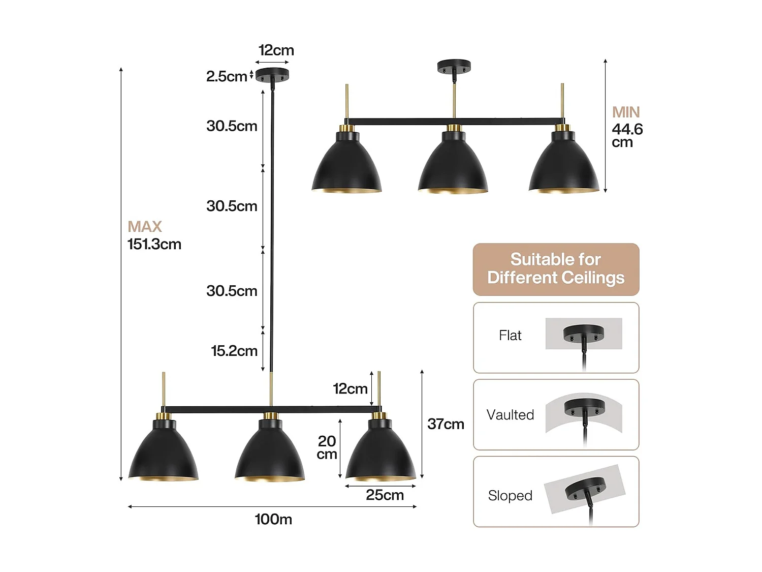 Moderne lineaire keukenlamp met 3 lichtpunten, industriële hanglamp met verstelbare stangen (E27 fitting, exclusief lampen)