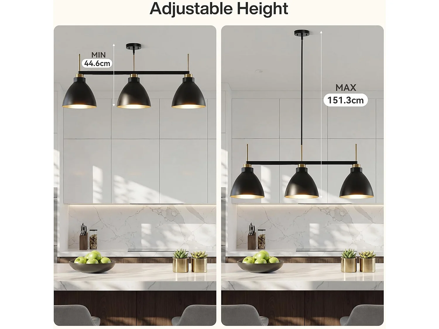 Moderne lineaire keukenlamp met 3 lichtpunten, industriële hanglamp met verstelbare stangen (E27 fitting, exclusief lampen)