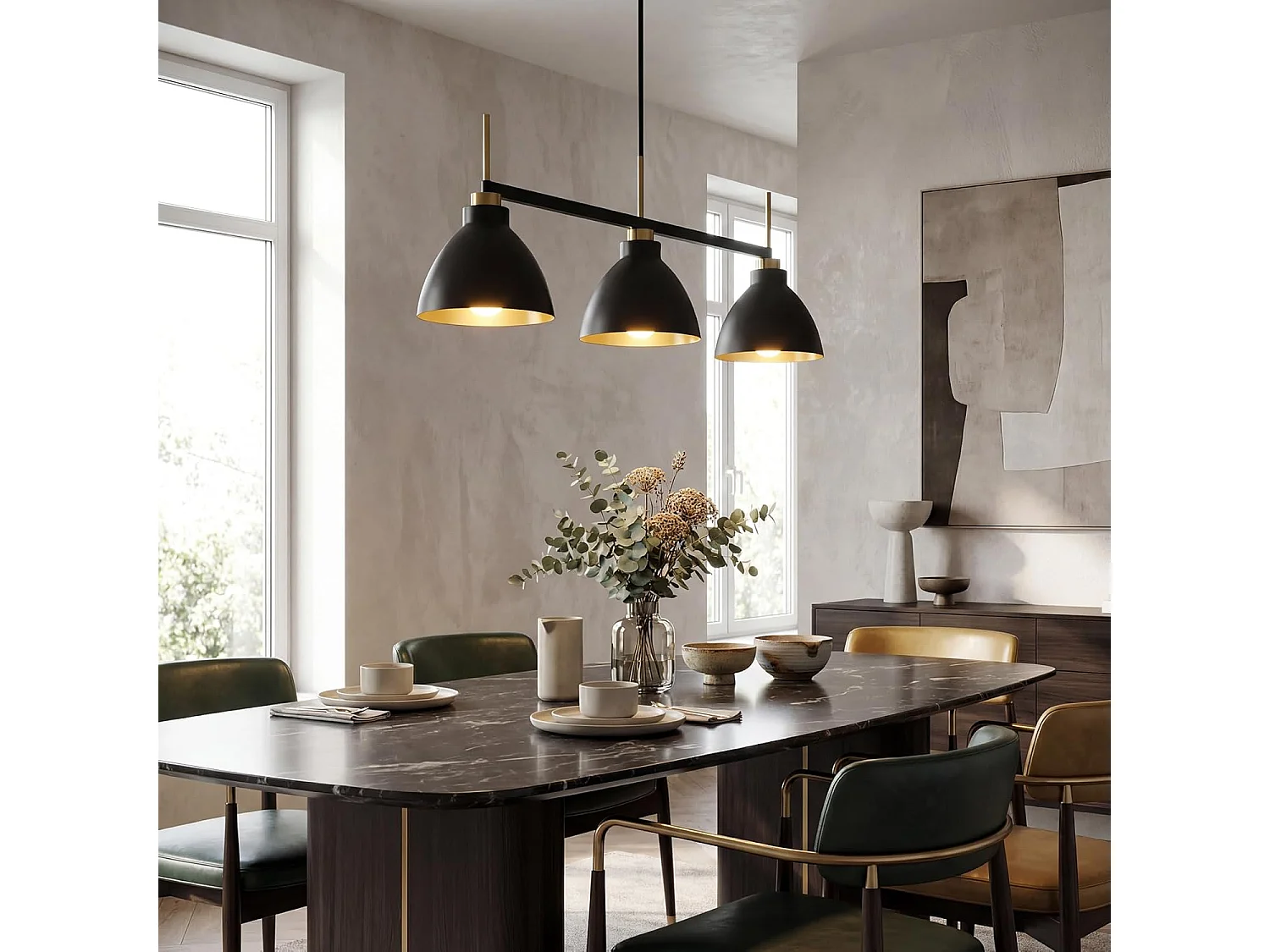 Moderne lineaire keukenlamp met 3 lichtpunten, industriële hanglamp met verstelbare stangen (E27 fitting, exclusief lampen)