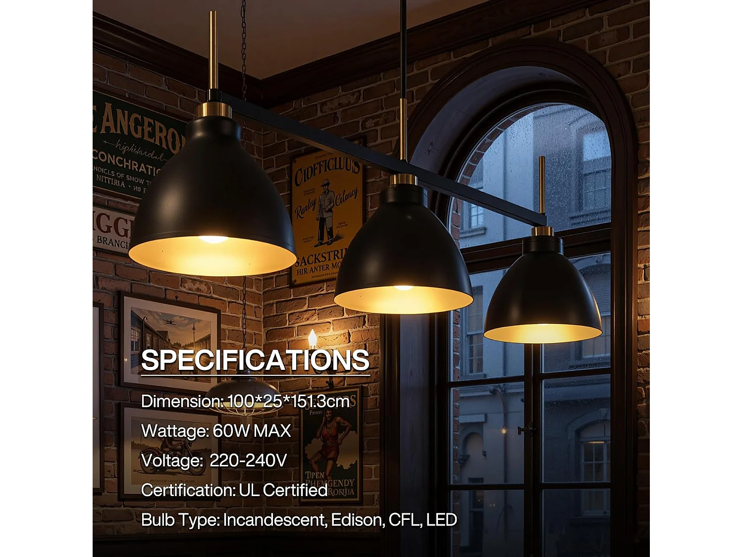 Moderne lineaire keukenlamp met 3 lichtpunten, industriële hanglamp met verstelbare stangen (E27 fitting, exclusief lampen)