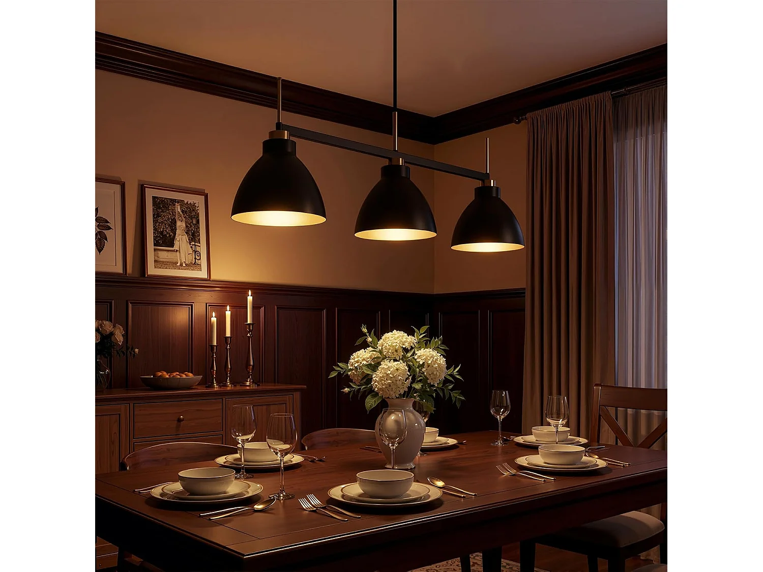 Moderne lineaire keukenlamp met 3 lichtpunten, industriële hanglamp met verstelbare stangen (E27 fitting, exclusief lampen)